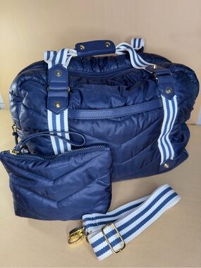 Cynthia Rowley Quilted Navy Travel Duffel with Striped Strap